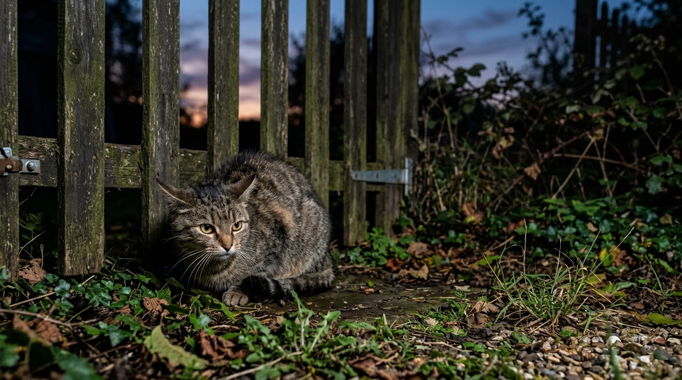 Chat aux aguets près d'une clôture au crépuscule