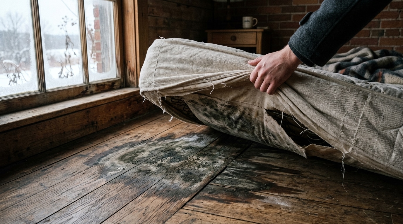 Matelas soulevé montrant une auréole d'humidité sombre
