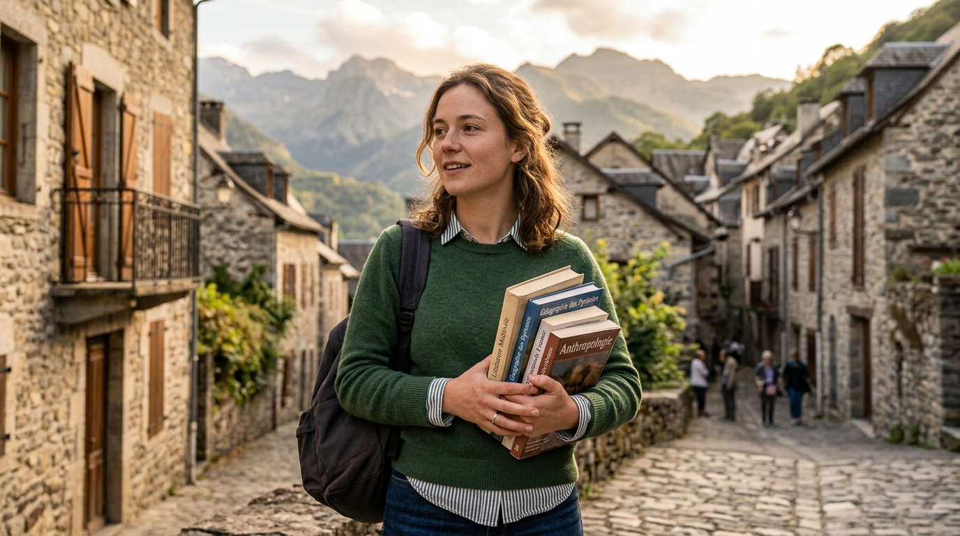 Étudiante souriante devant une petite ville pyrénéenne