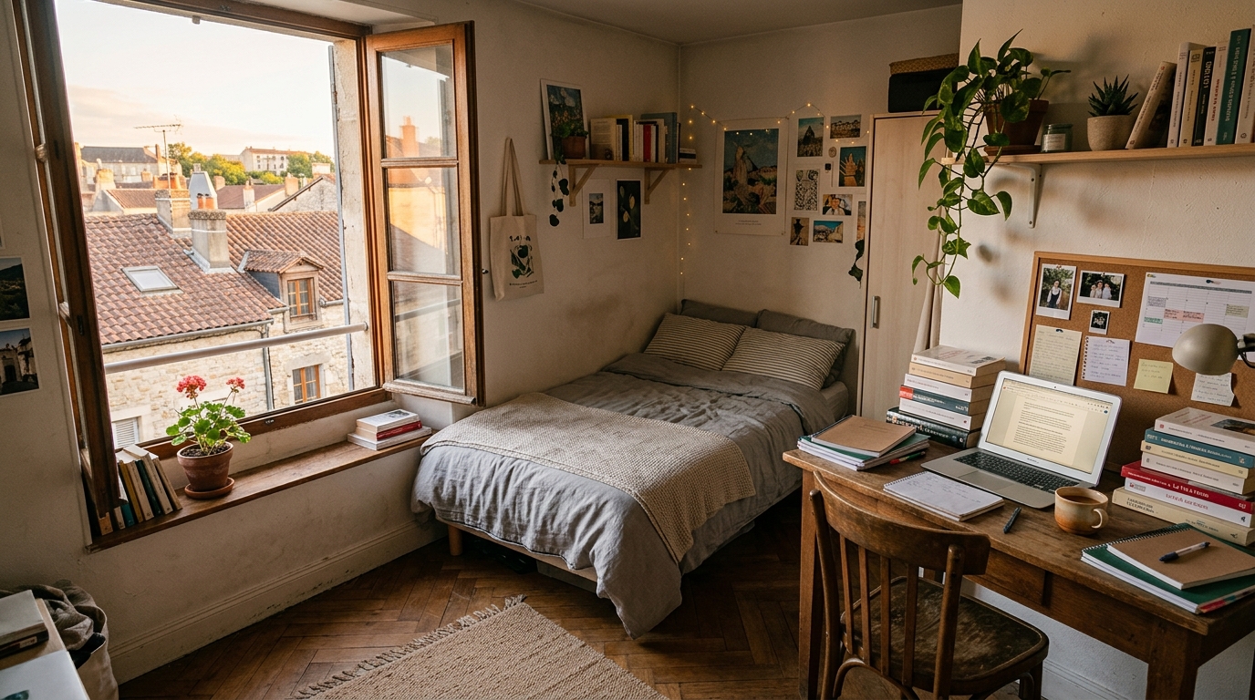 Studio meublé modeste avec vue sur toits de ville