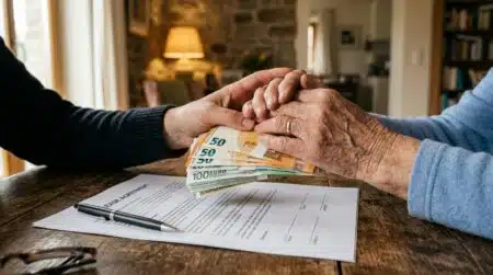 Mains tenant des billets et un contrat non signé