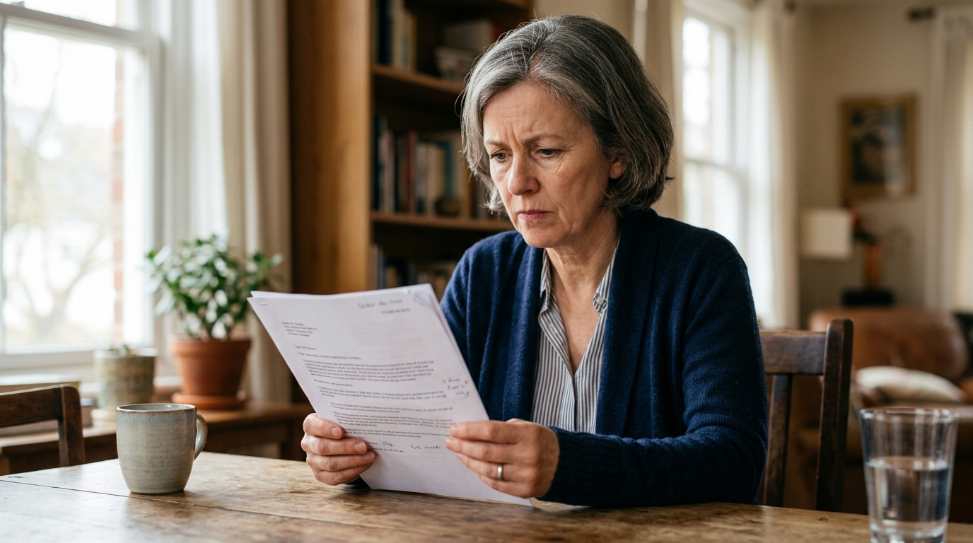 Femme inquiète lisant un document administratif