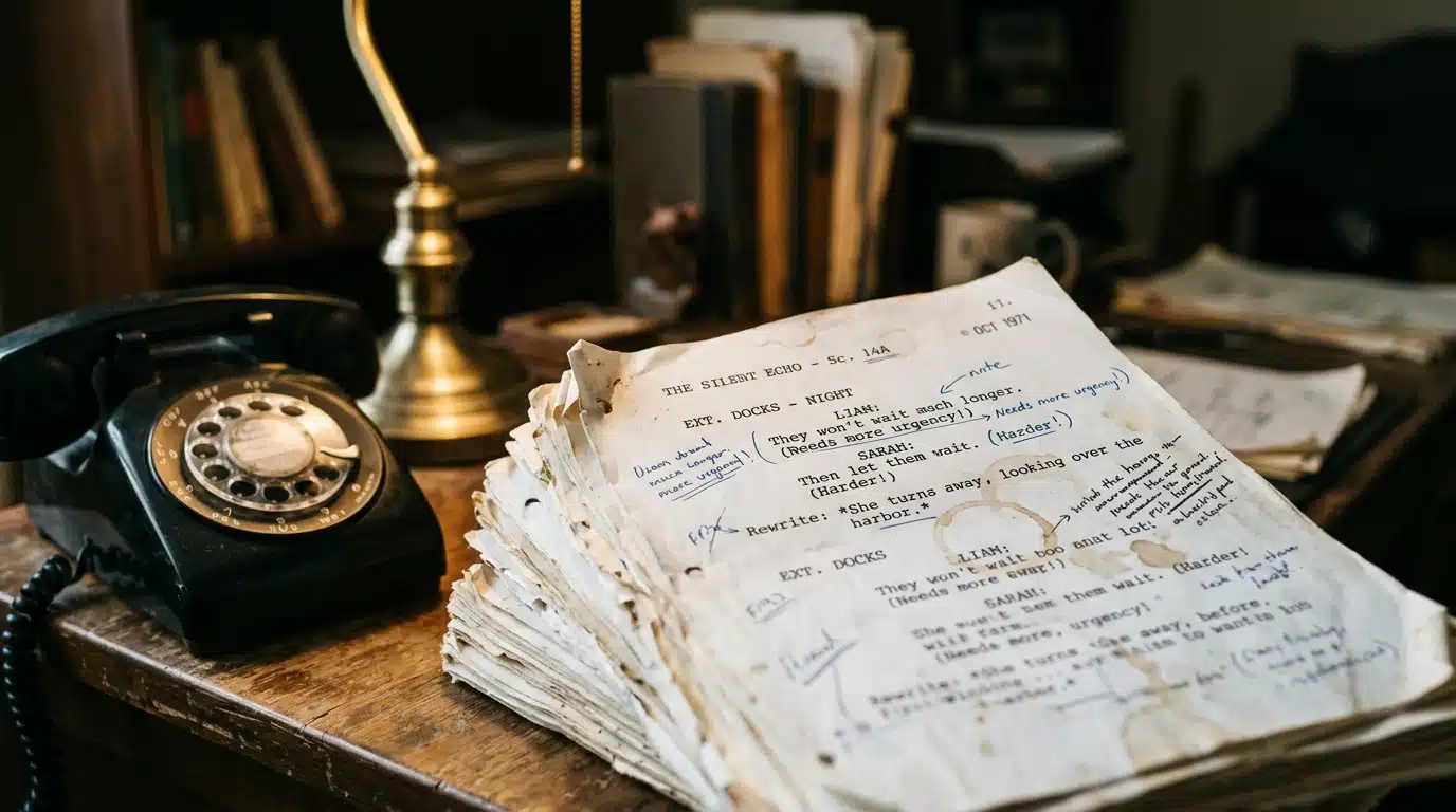 Pages de script annotées près d'un téléphone ancien