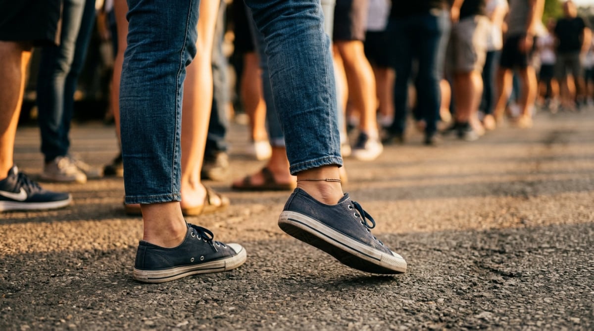 Jambes qui bougent discrètement pour éviter le malaise debout