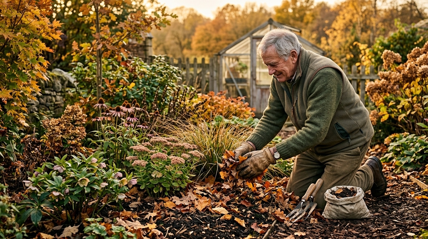 Jardinier étalant du paillis sur des vivaces en automne
