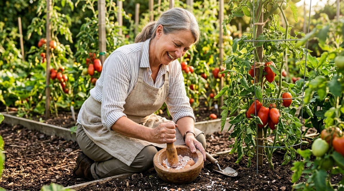 Jardinière broyant des coquilles d'œuf pour ses tomates