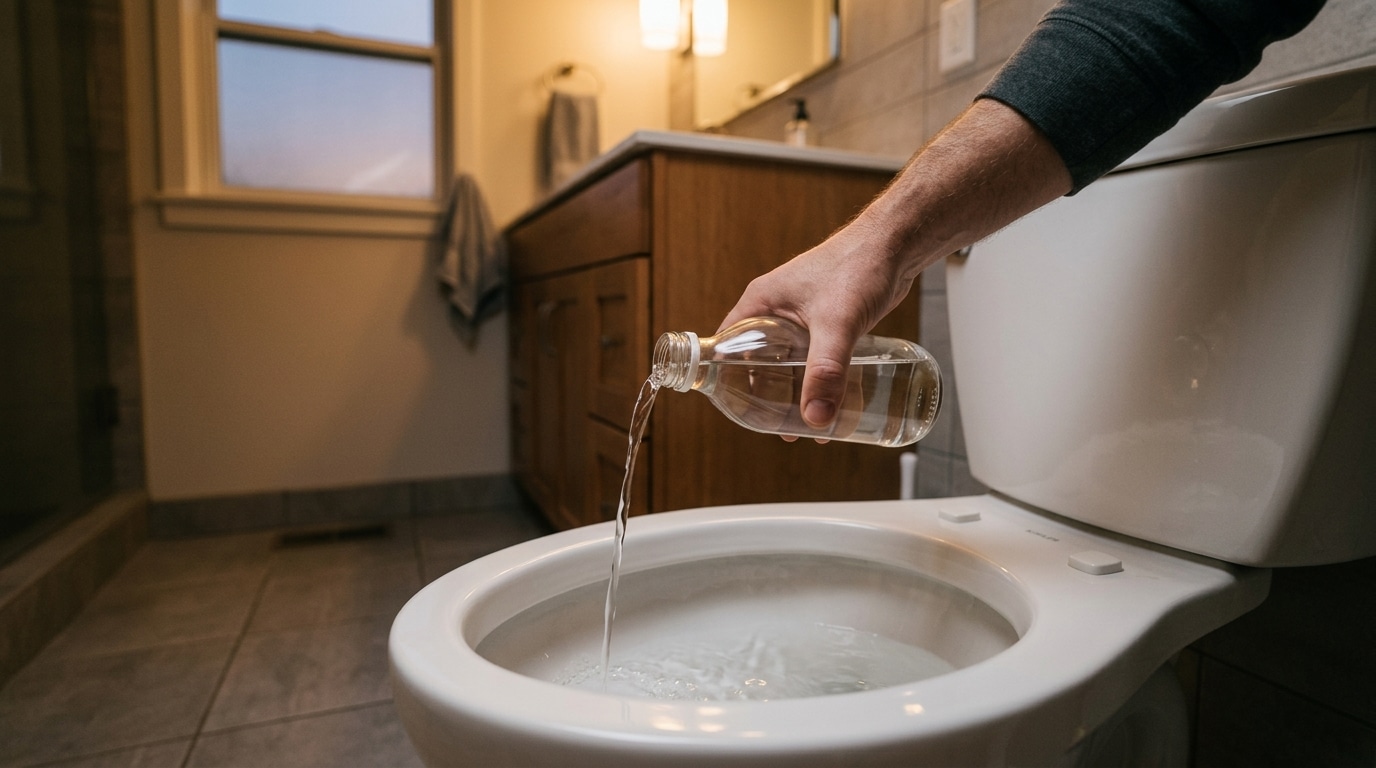 Verre de vinaigre blanc versé dans les toilettes