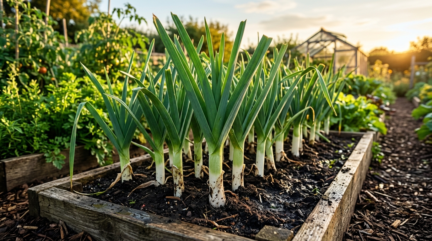 Rangée de poireaux robustes et blancs dans le potager