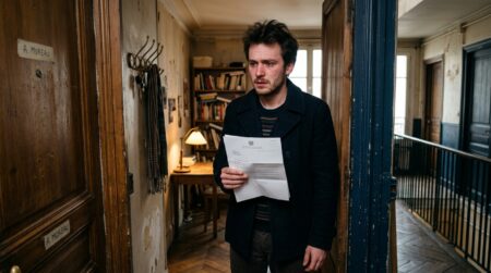 Jeune locataire tenant un document officiel dans son appartement