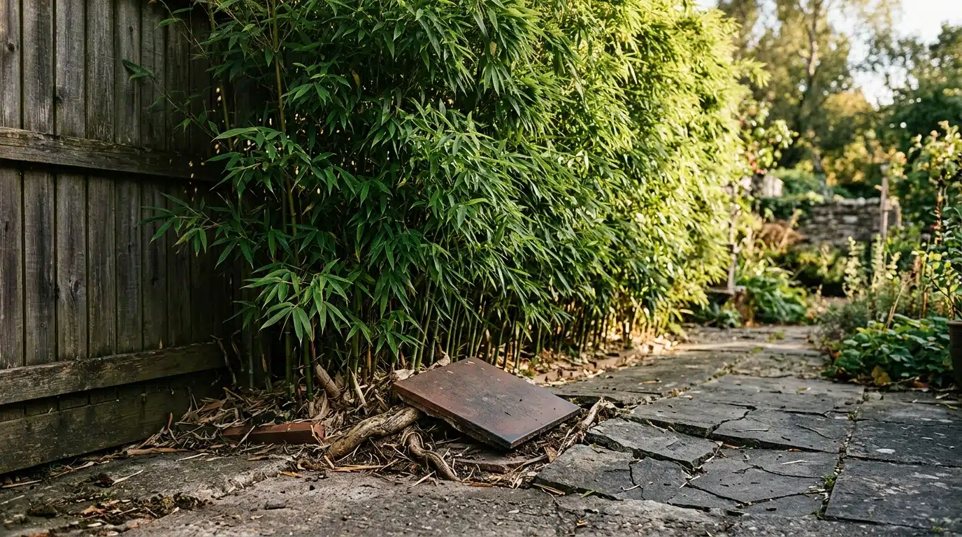 Haie de bambous dense plantée le long d'un grillage de jardin