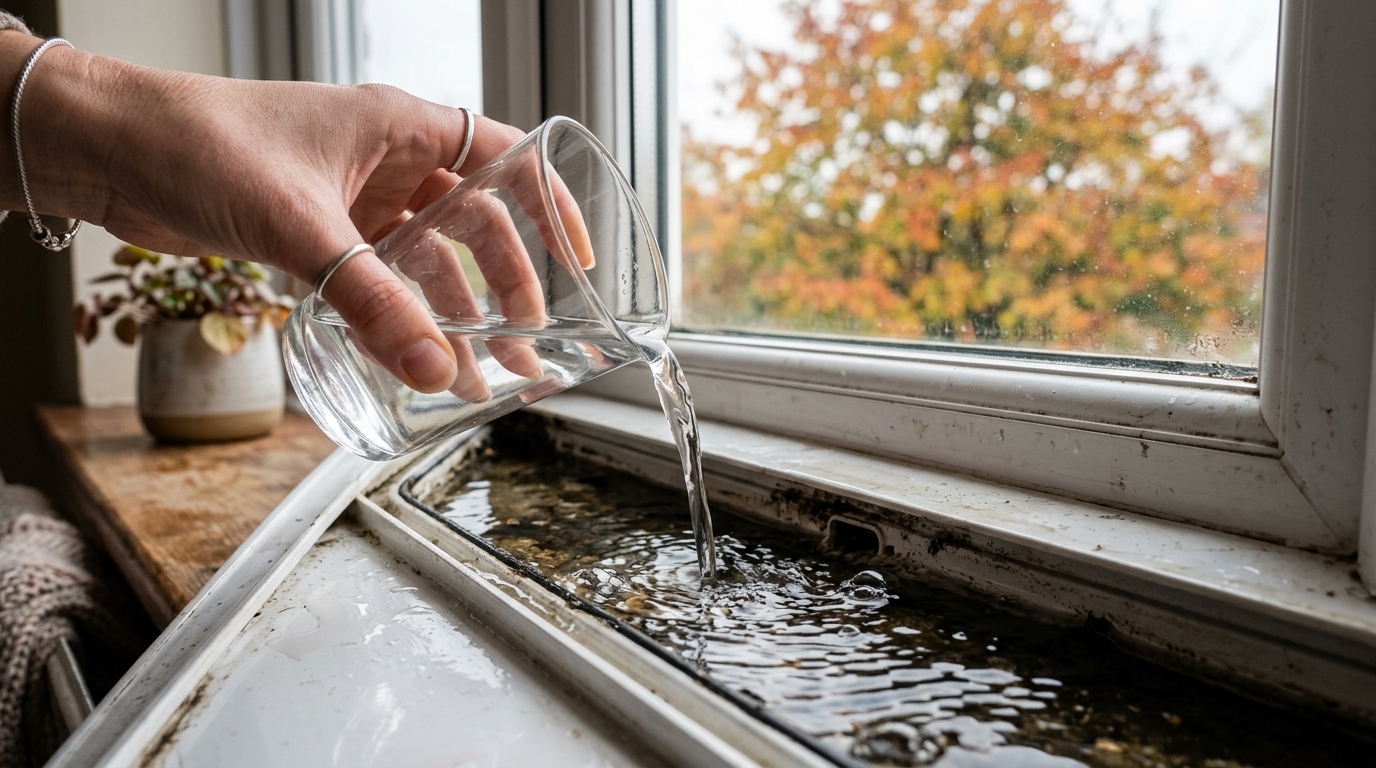 Verre d'eau versé dans le rail bas d'une fenêtre en PVC
