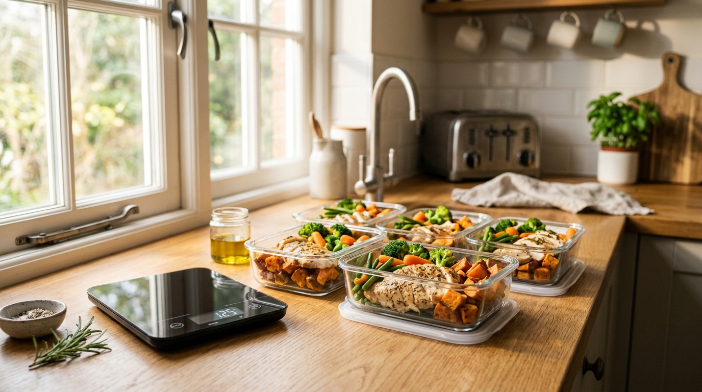 Repas équilibré avec poulet légumes et balance de cuisine