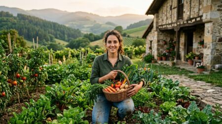 Jeune femme récolte des légumes devant maison rurale