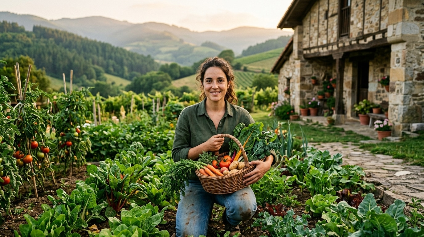 Jeune femme récolte des légumes devant maison rurale