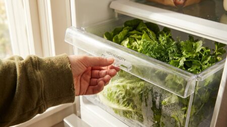 Main réglant la molette d'humidité du bac à légumes