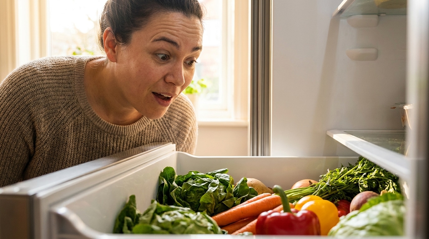 Personne surprise en ouvrant le tiroir à légumes du frigo
