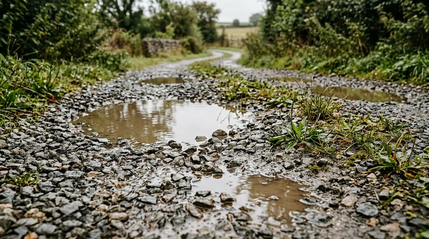 Flaques d'eau stagnante sur une allée de gravier