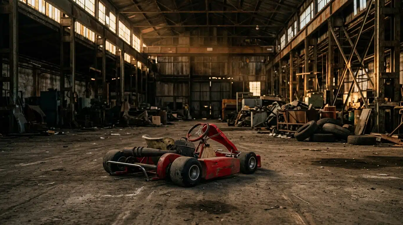 Kart de course abandonné dans un entrepôt poussiéreux