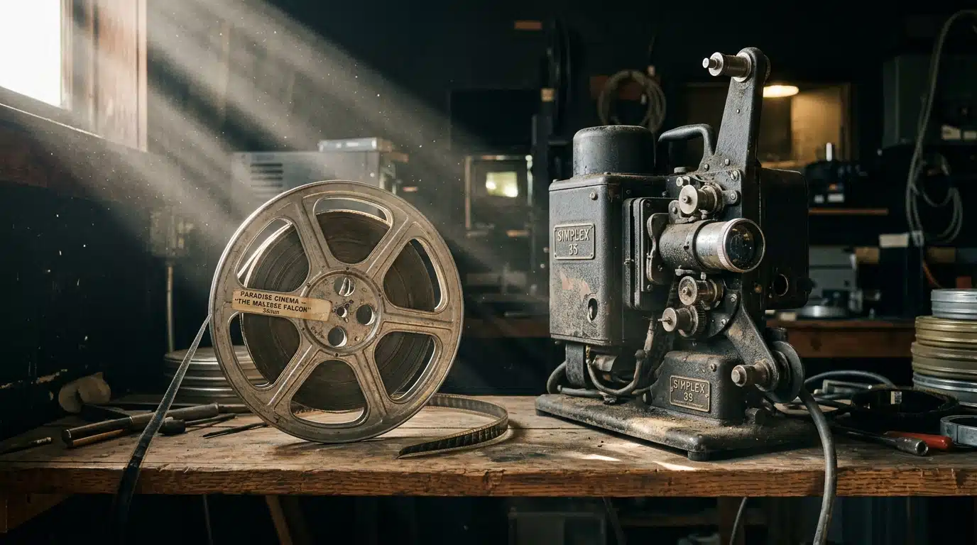 Vieux projecteur de cinéma et pellicule dans pièce sombre