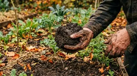 Mains couvertes de terre argileuse humide au potager