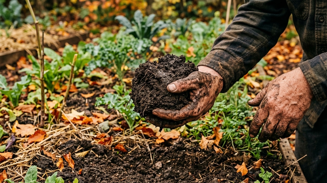 Mains couvertes de terre argileuse humide au potager