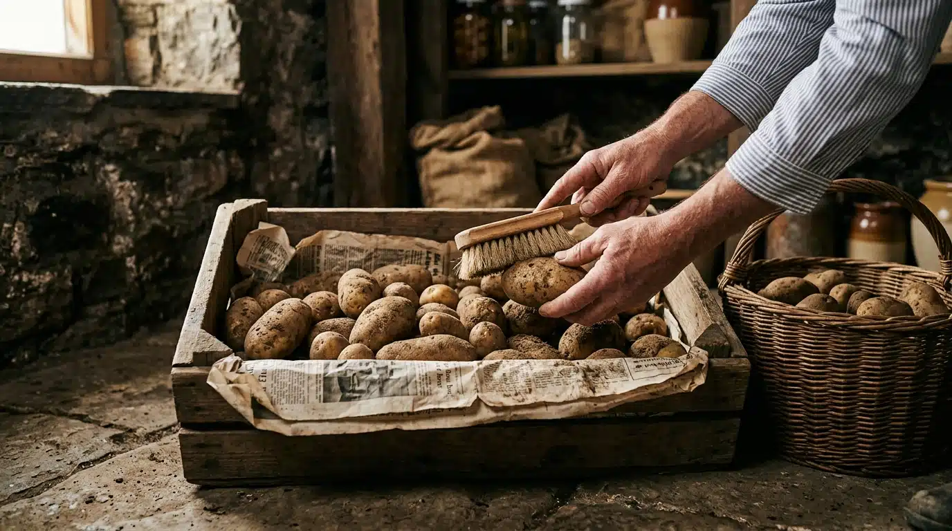 Pommes de terre rangées dans une cagette en bois