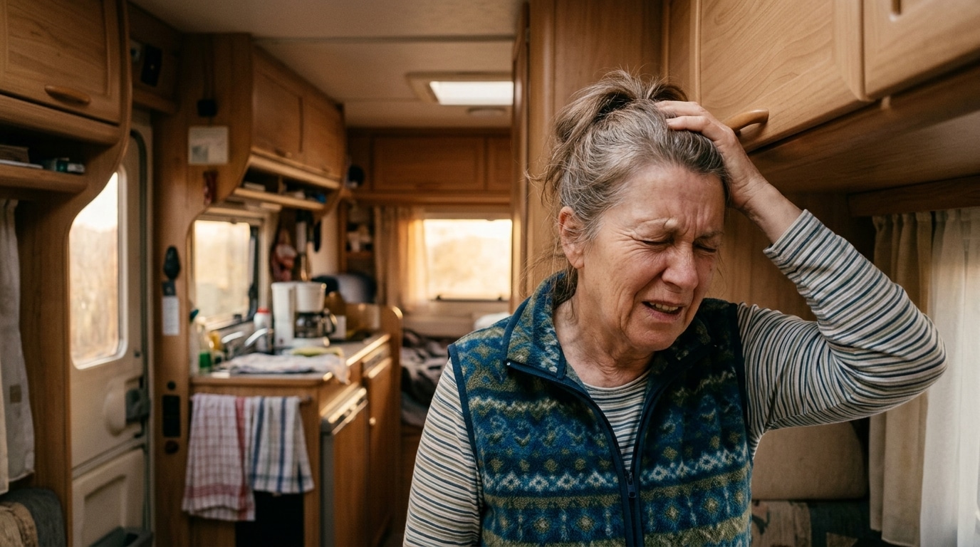 Femme âgée se cognant la tête dans un camping-car