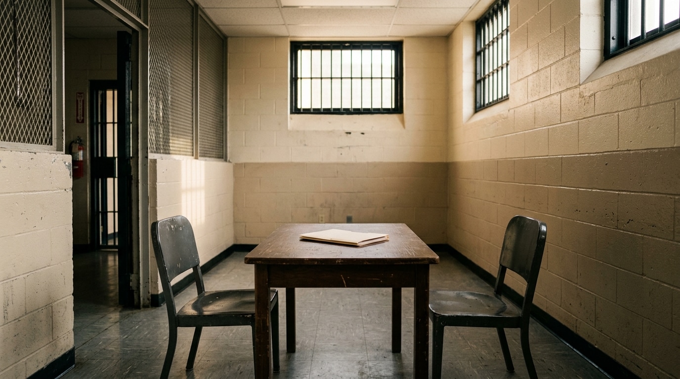 Parloir de prison vide avec dossier fermé sur une table