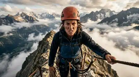 Guide de montagne au visage tendu sur une crête alpine