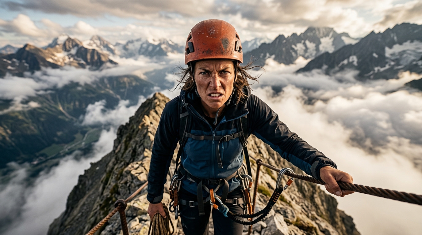 Guide de montagne au visage tendu sur une crête alpine