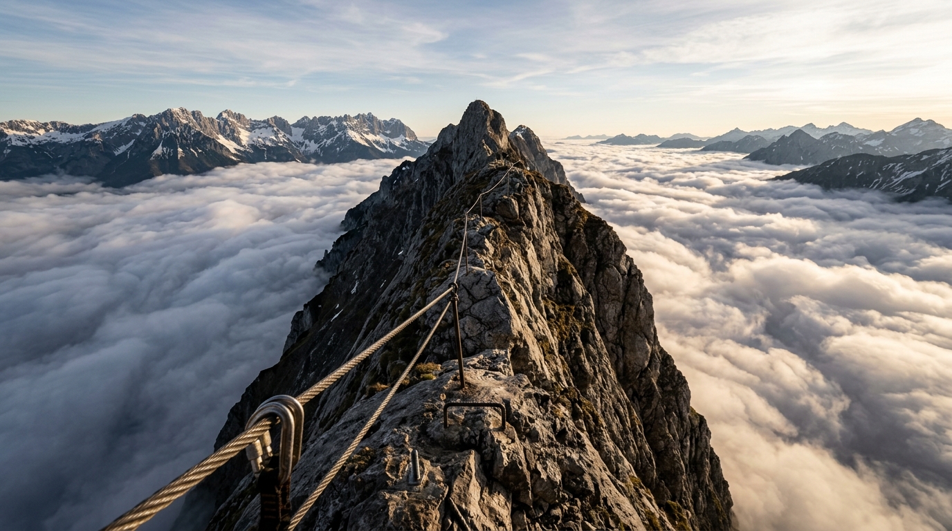 Sentier de via ferrata étroit surplombant une vallée nuageuse