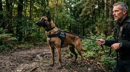 Chien policier malinois à l'orée d'une forêt dense