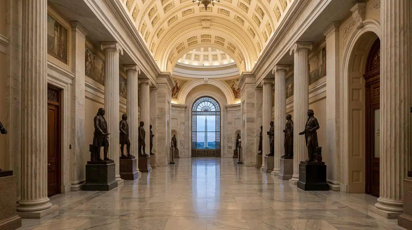 Couloir du Congrès américain avec colonnes et lumière tamisée