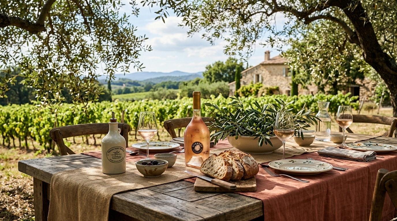 Table familiale dressée dans un domaine viticole provençal