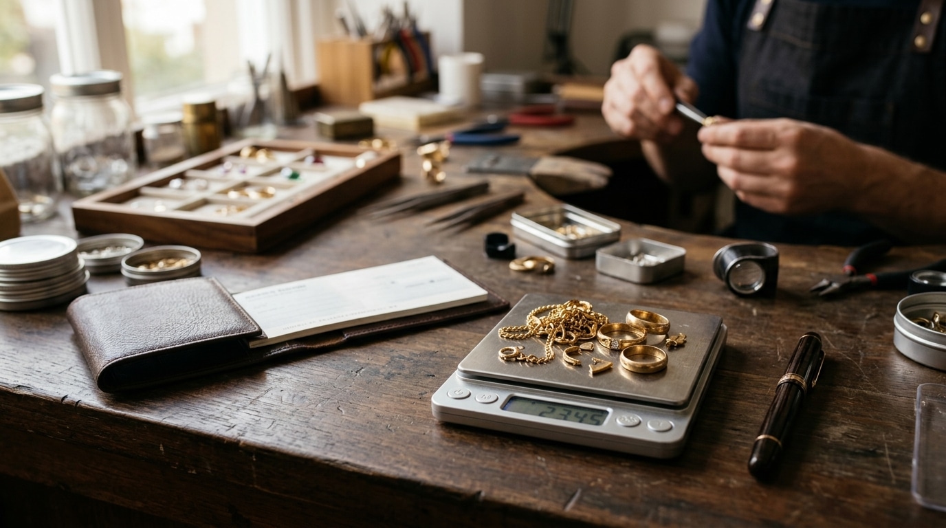 Bijoux en or pesés sur une balance de comptoir