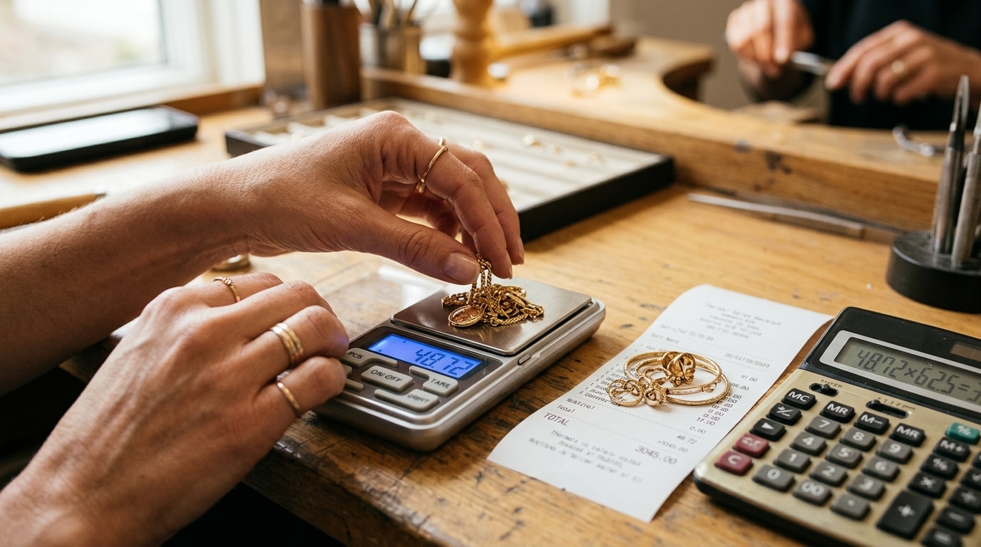 Mains pesant de l'or près d'un bordereau de vente