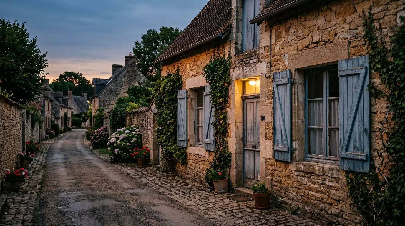 Maison de village aux volets fermés au crépuscule