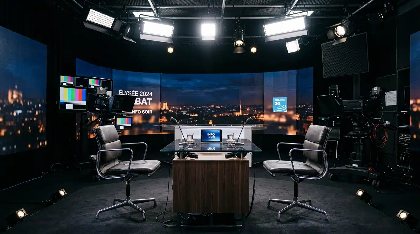 Studio de télévision avec deux fauteuils face à face