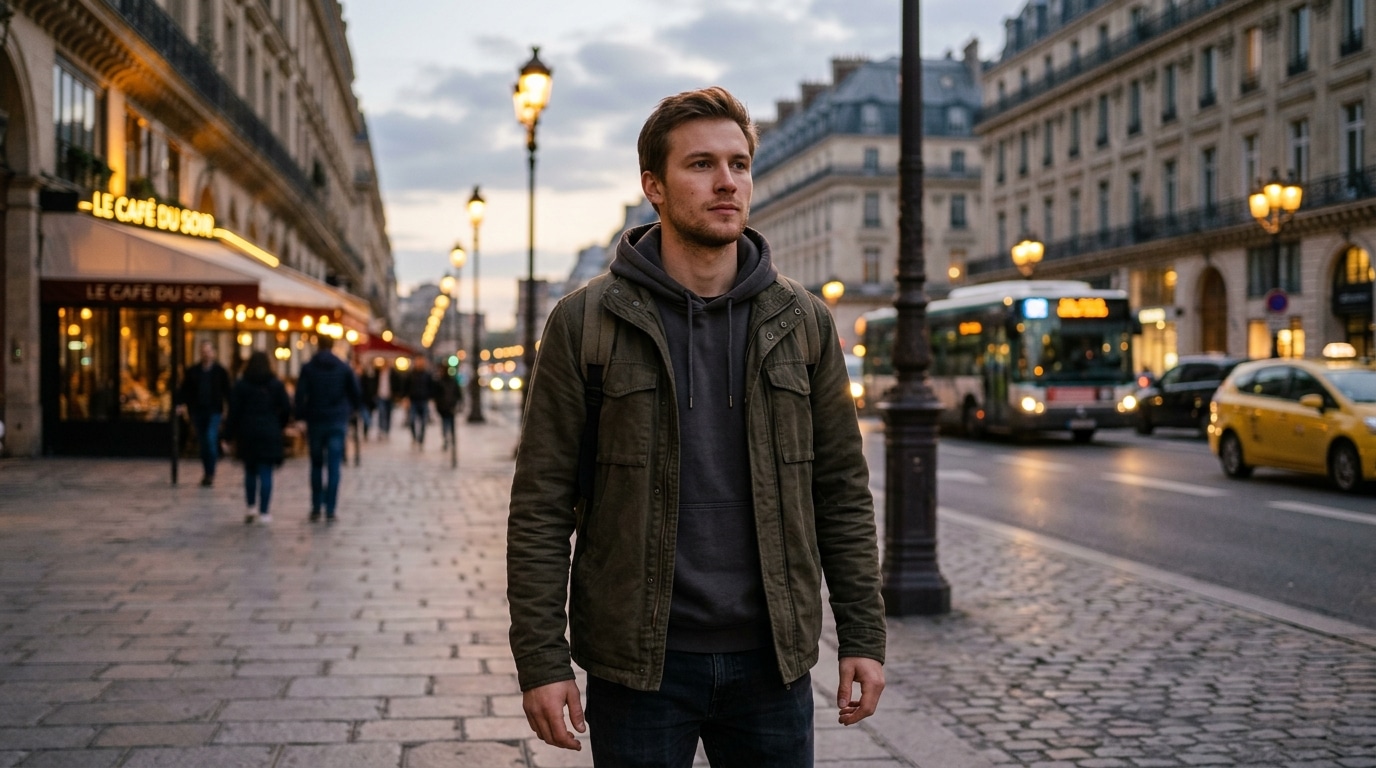 Jeune homme déterminé dans une rue parisienne au crépuscule