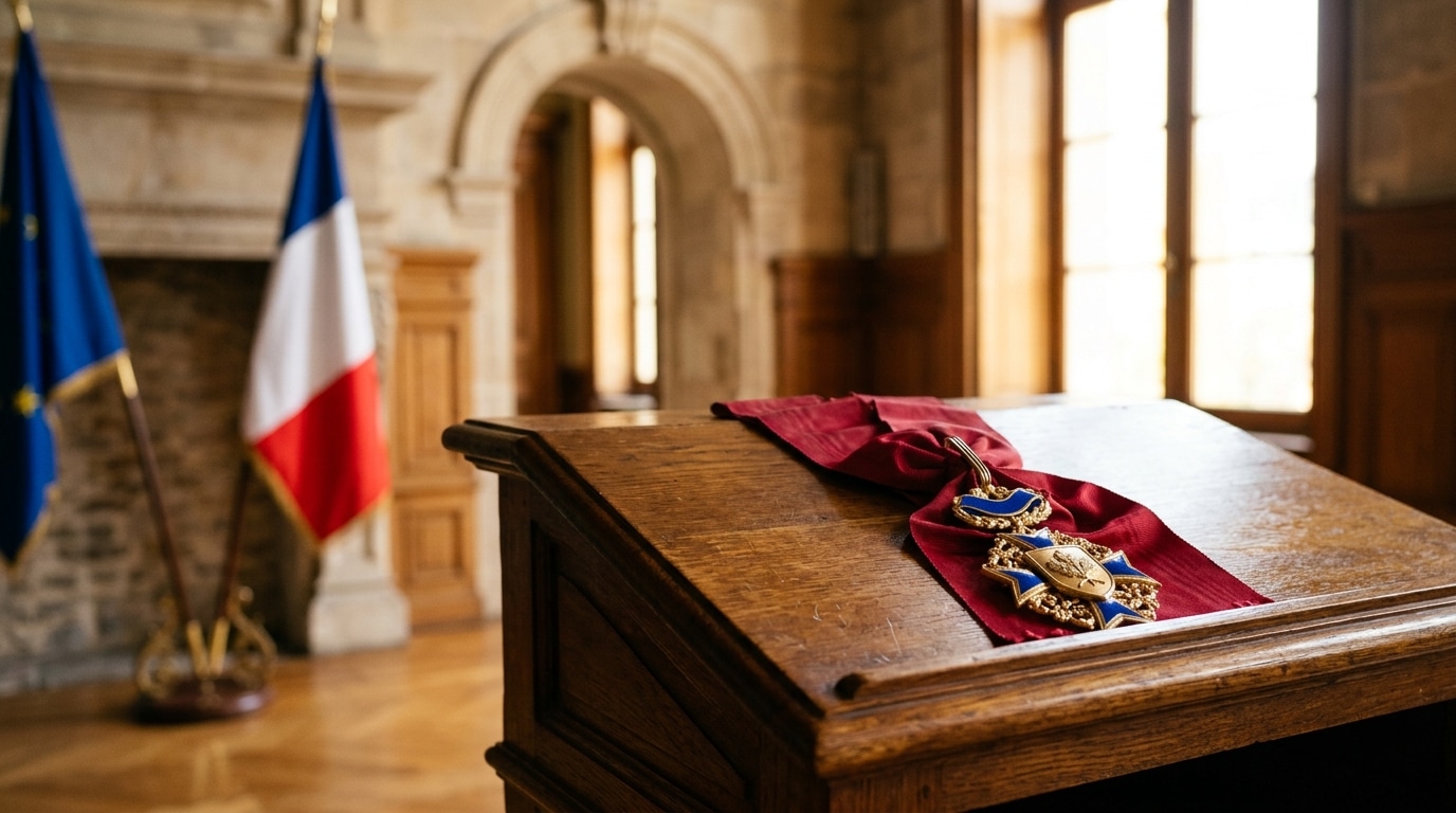 Médaille officielle sur ruban rouge dans une mairie