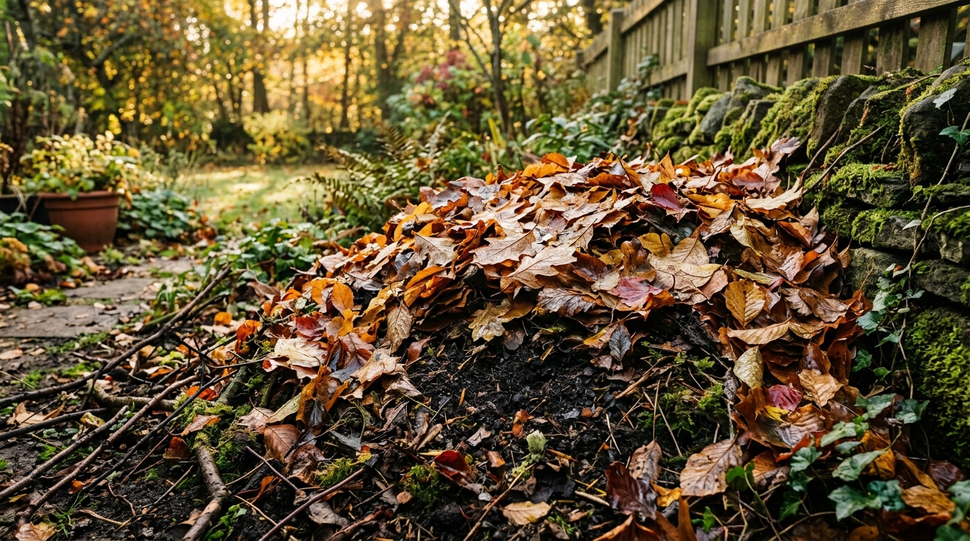 Tas de feuilles mortes en décomposition dans un jardin