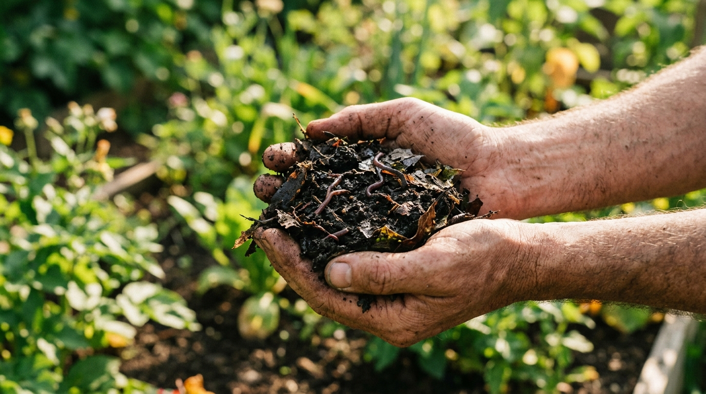 Mains tenant de l'humus riche mêlé de feuilles