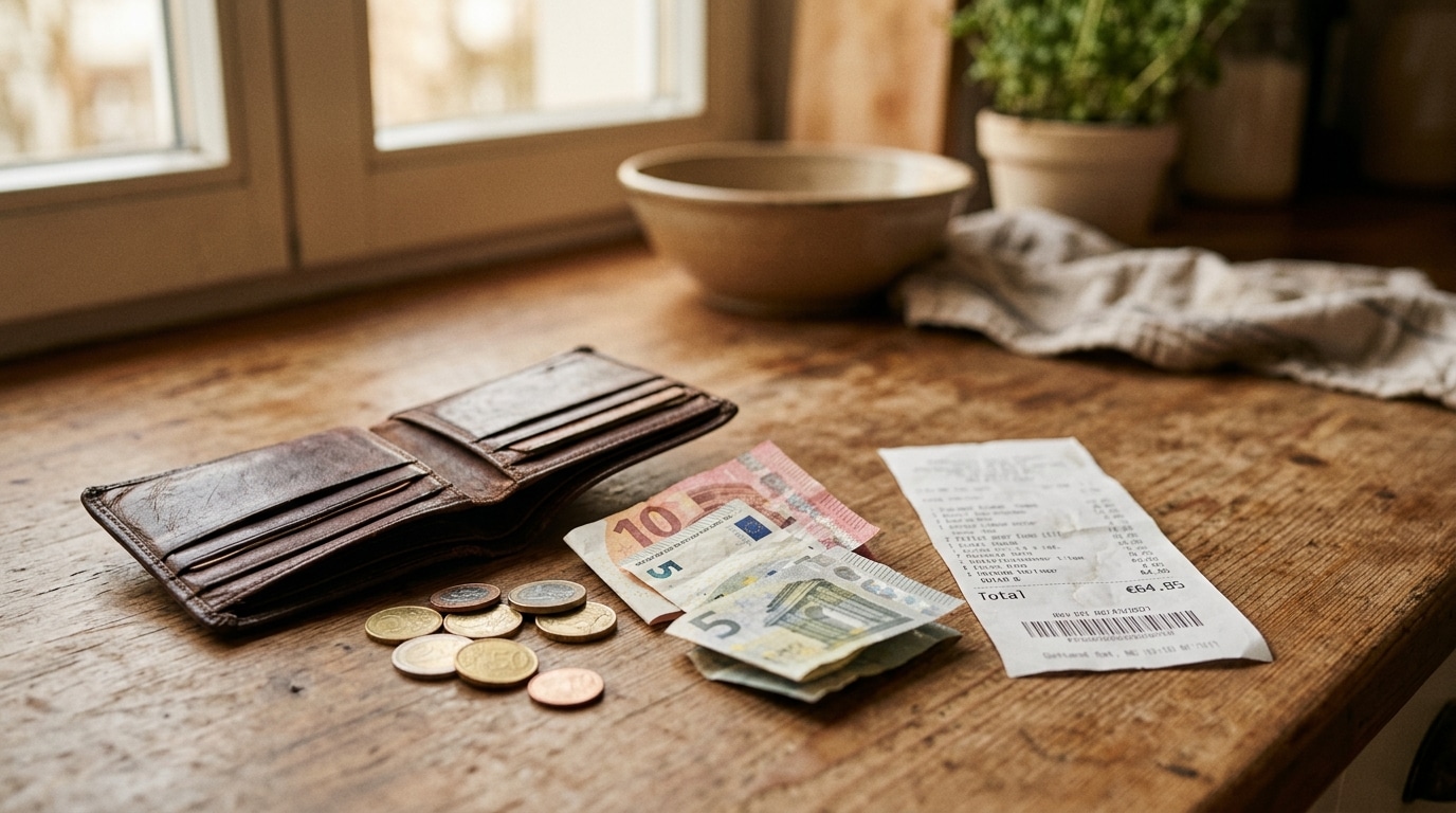 Petite pile de pièces et billets sur un comptoir