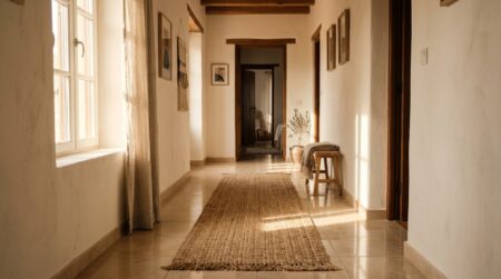 Tapis en fibre végétale déroulé sur carrelage clair