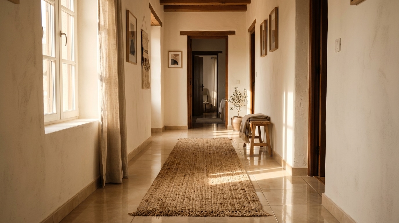 Tapis en fibre végétale déroulé sur carrelage clair