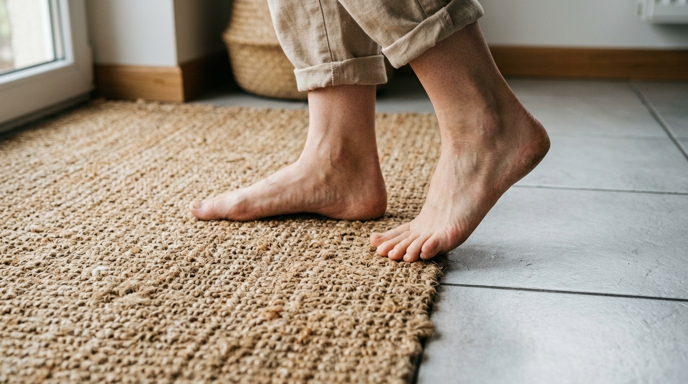 Pieds nus posés sur tapis en jonc de mer