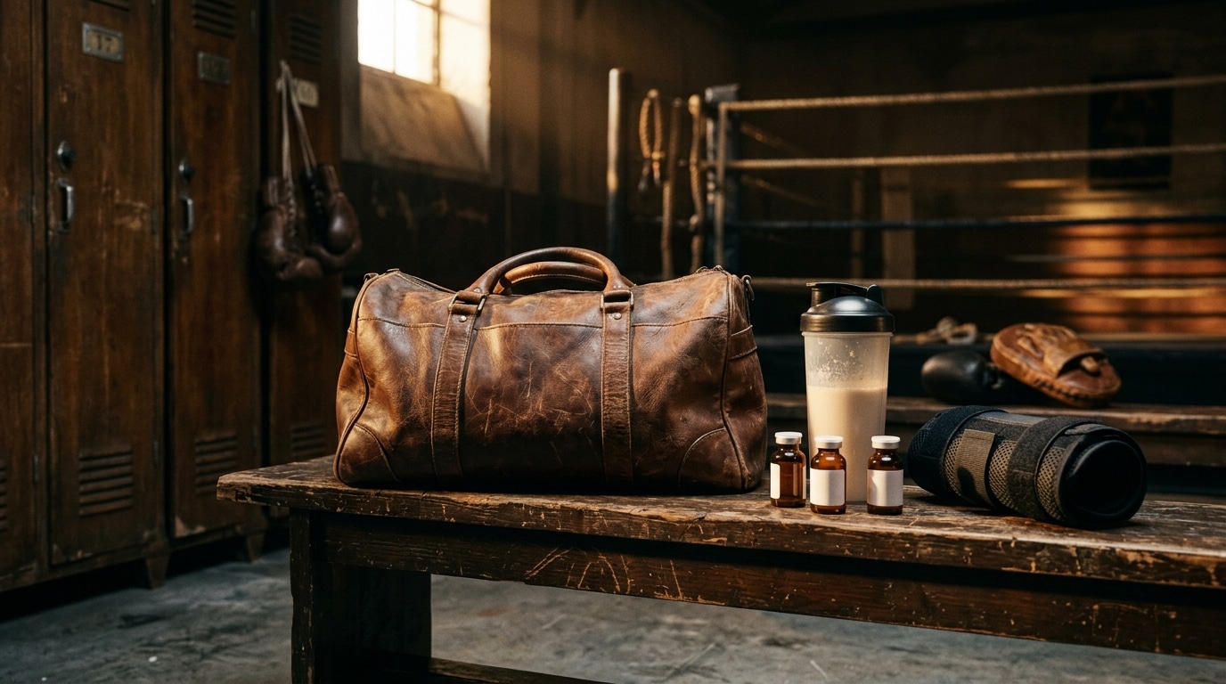 Sac de sport, fioles et ceinture lombaire au vestiaire