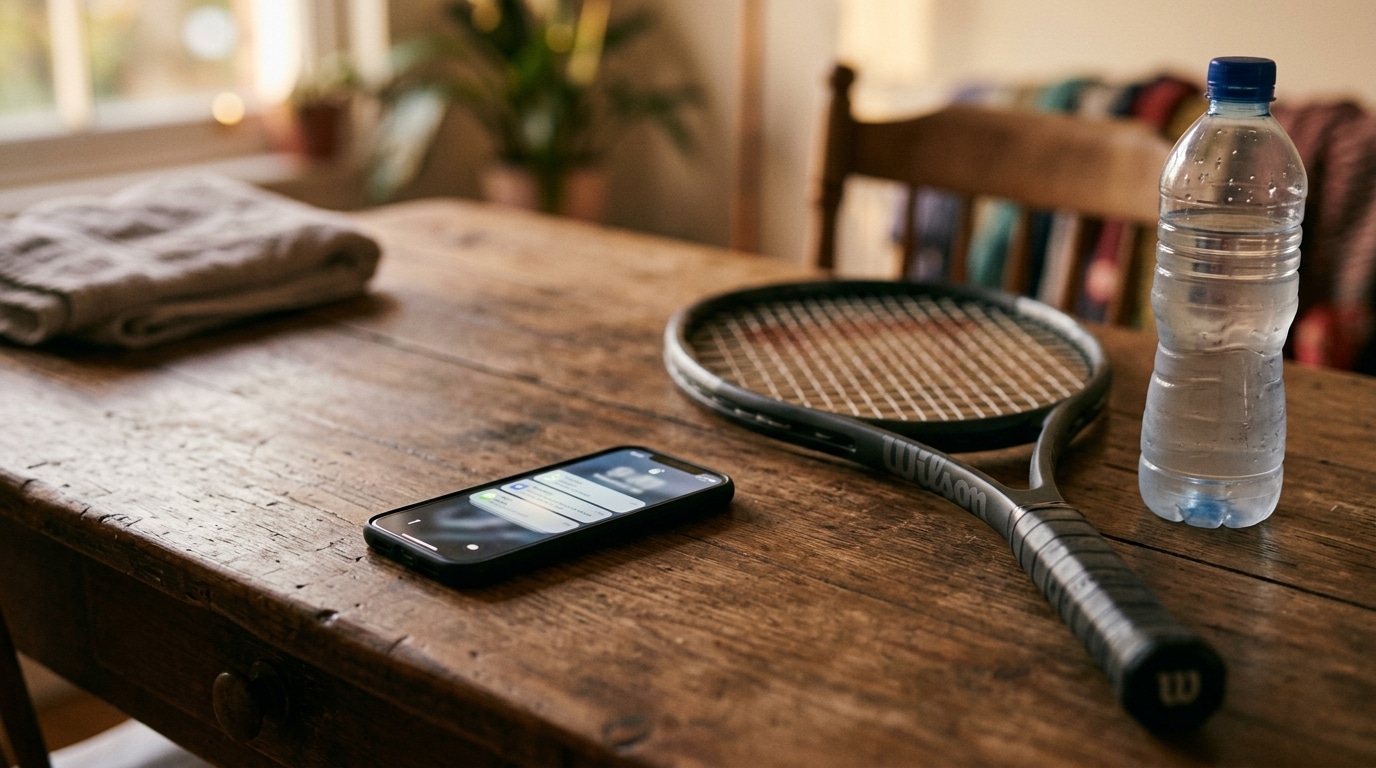 Smartphone posé près d'une raquette de tennis