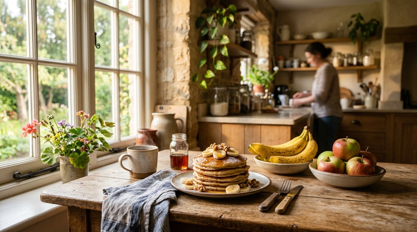 Pancakes à la banane empilés sur assiette en bois