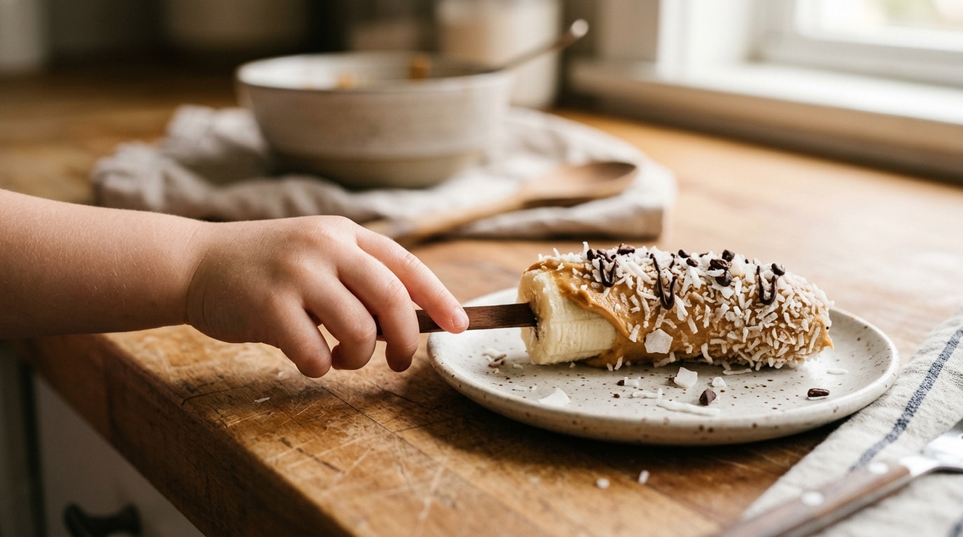 Bâtonnet de banane glacé enrobé de noix de coco